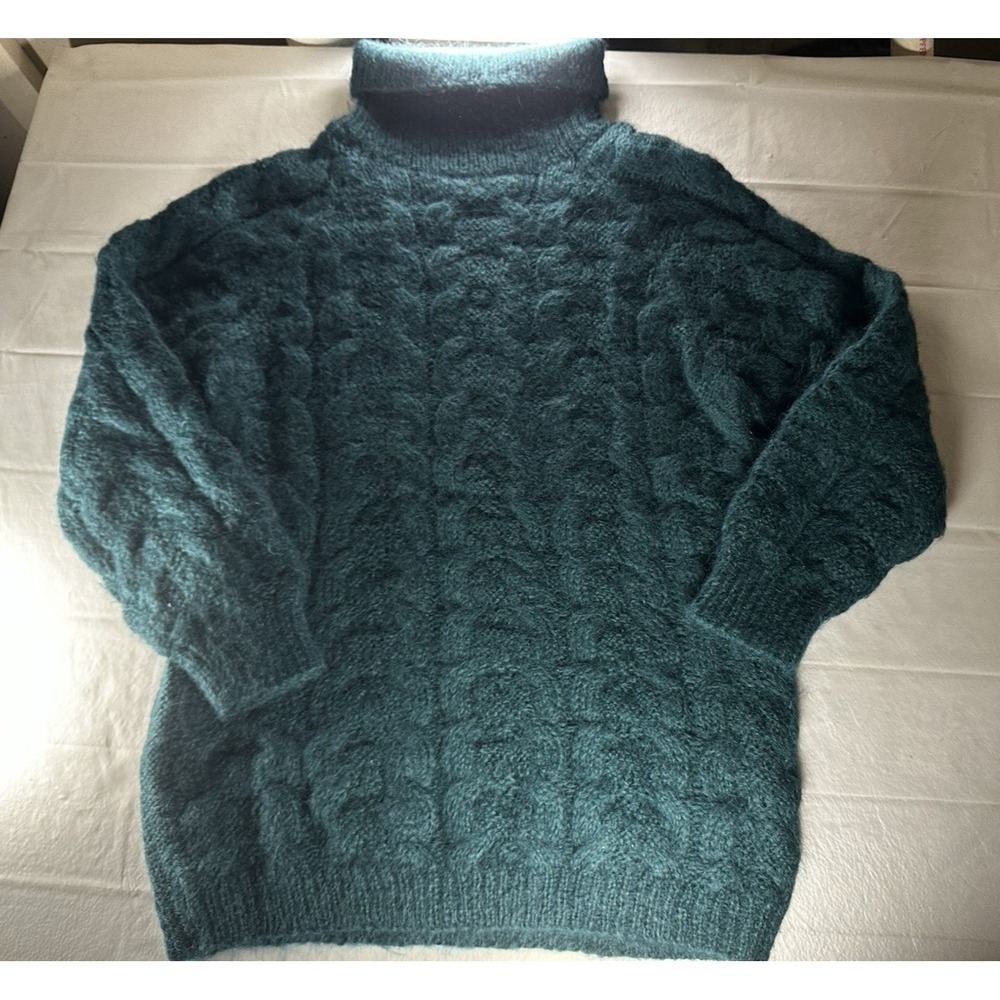 Vintage Mohair Blend Sweater Women XL Teal Cable Knit Turtleneck Fuzzy Pullover‎